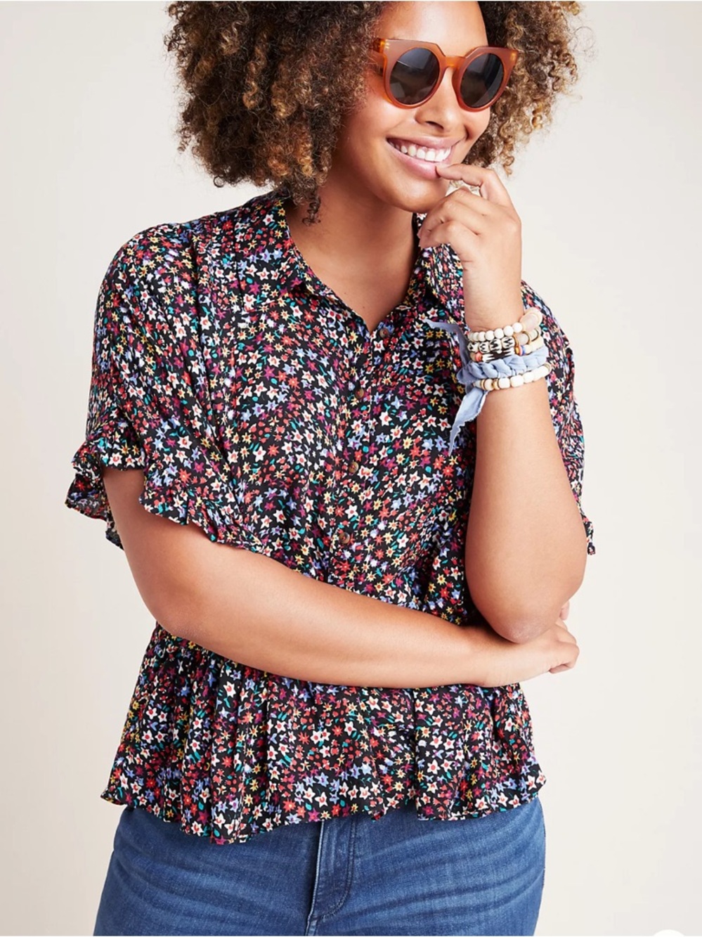 Anthropologie Maeve Black Floral Mallory Ruffled Blouse